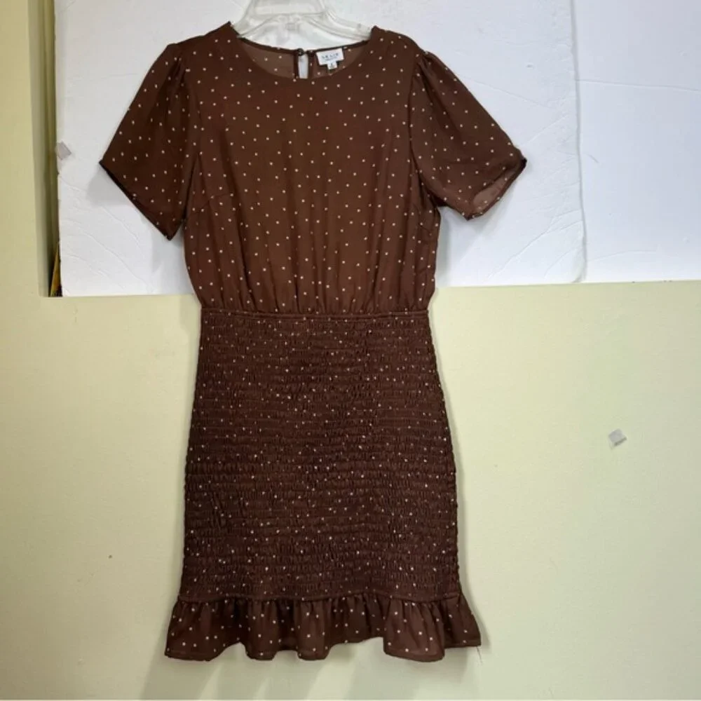 Le Lis Star Print Smocked Dress Lightweight Crew Fitted Stretch Ruffle Hem Top S - Picture 2 of 16